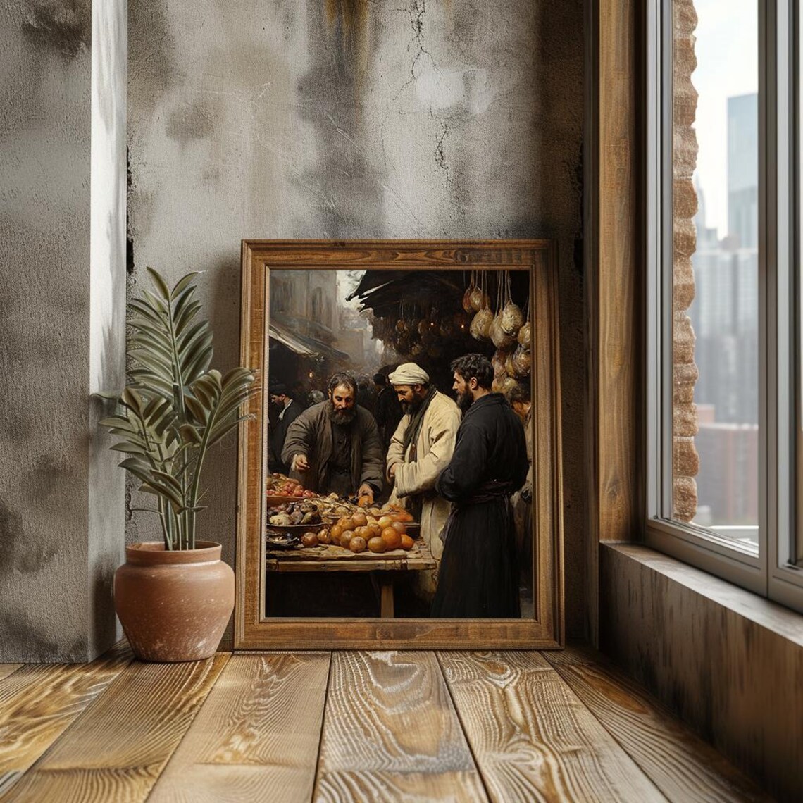 Traditional Bazaar Market Scene Men Selling Fruit Oil Poster - Image 3