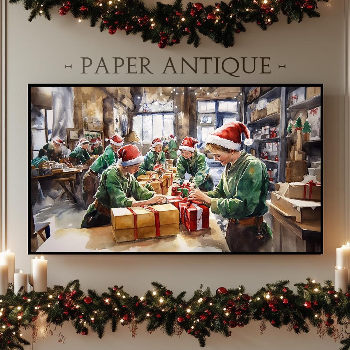 Santas Workshop Elves Wrapping Gifts Festive Watercolor Poster