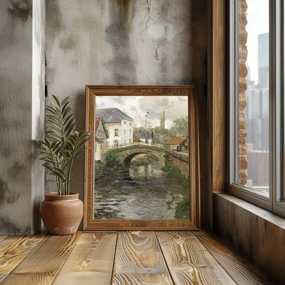 Town River Oil Painting Bridge Architecture Landscape Rustic European Scenery Wall Art Print Pt - Image 3