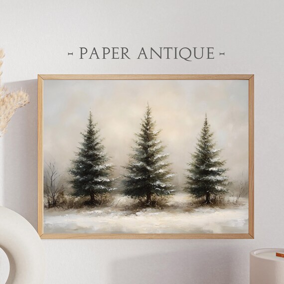 Three Snowy Pine Trees in Misty Winter Field Minimalist Painting Poster