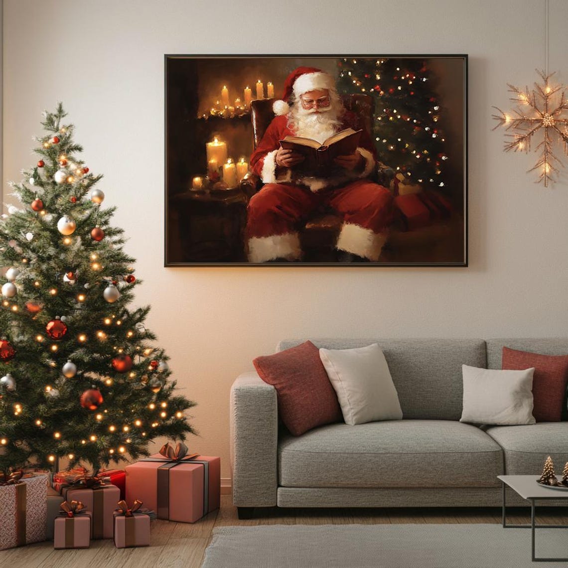Santa Reading Candlelight Cozy Night Book Painting Christmas Poster - Image 5