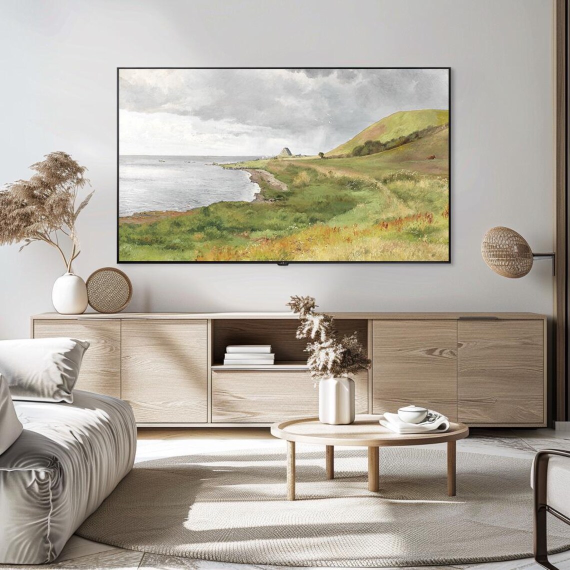 Coastal Bay Green Hills Vintage Seaside Landscape Oil Painting Poster - Image 5