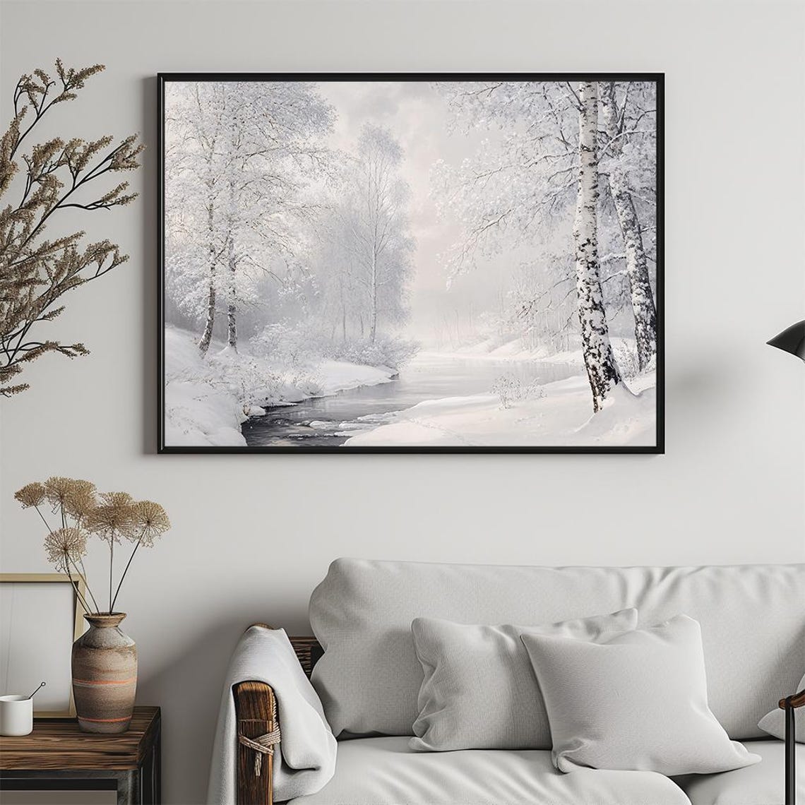 Snowy Birch Trees Frozen River Soft White Winter Landscape Poster - Image 5