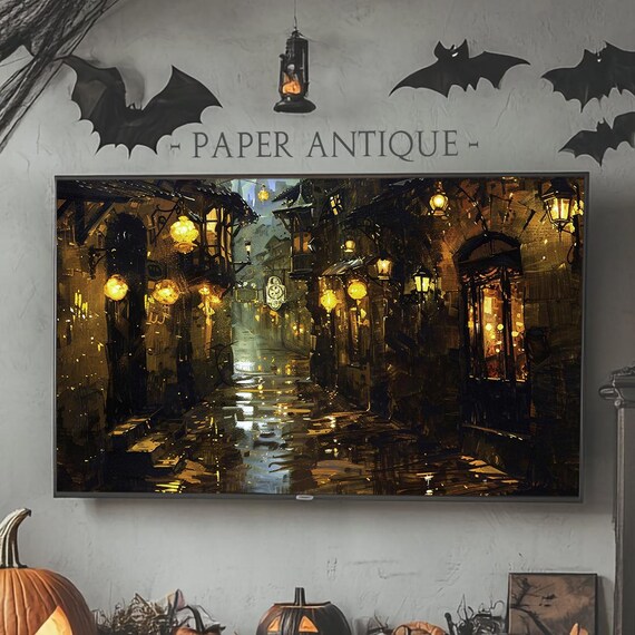 Art For Frame Tv Moody Halloween Street Scene Oil Painting Style Mysterious Lantern Lit Alley Nighttime