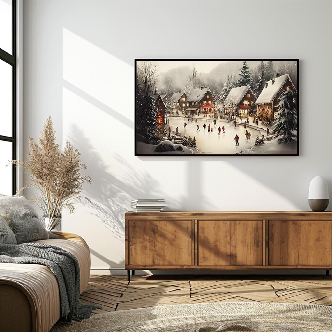 Snowy Christmas Village Ice Skating Pond Festive Panorama Wall Art - Image 4