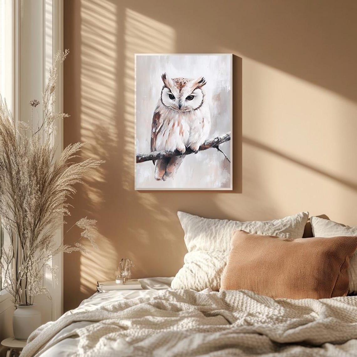 White Owl Perched on Snowy Branch Soft Winter Wildlife Painting Poster - Image 2