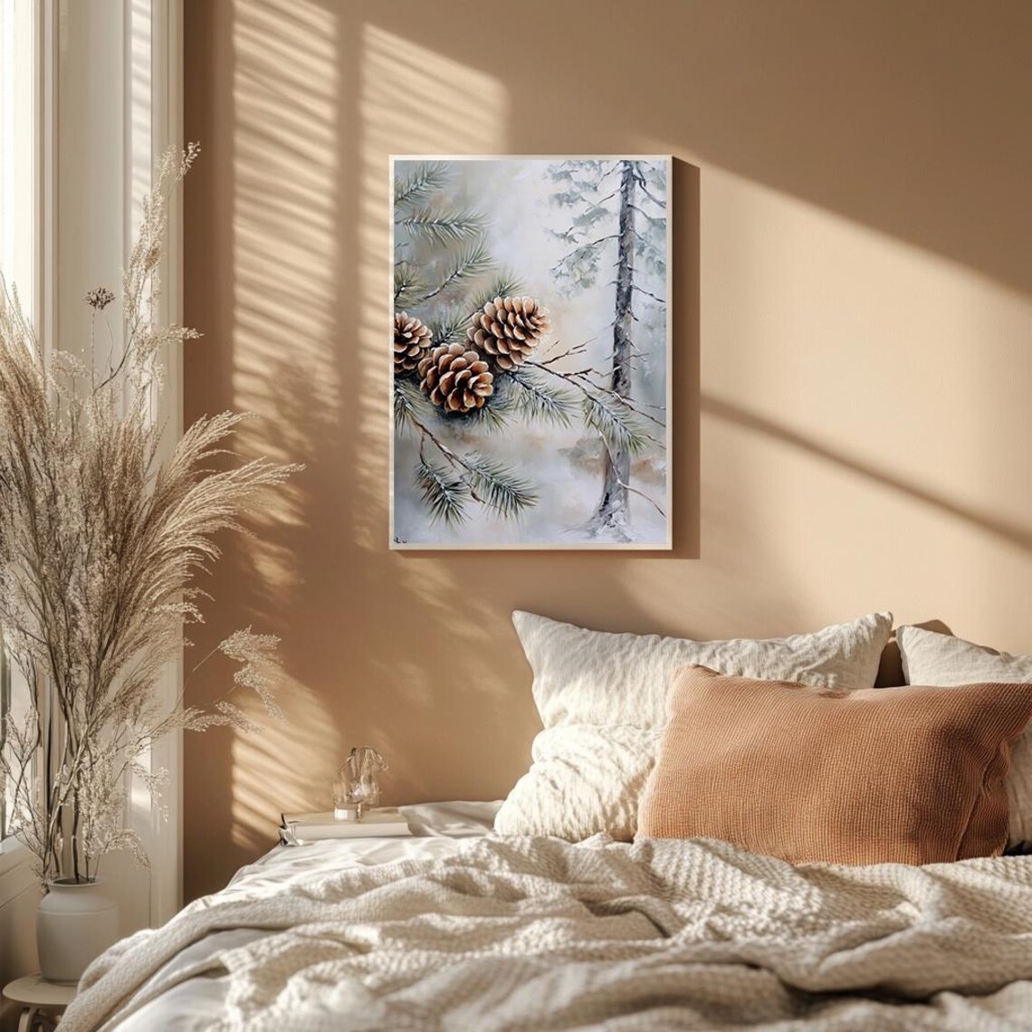 Pine Cones On Snowy Branch Winter Botanical Still Life Painting Poster - Image 2