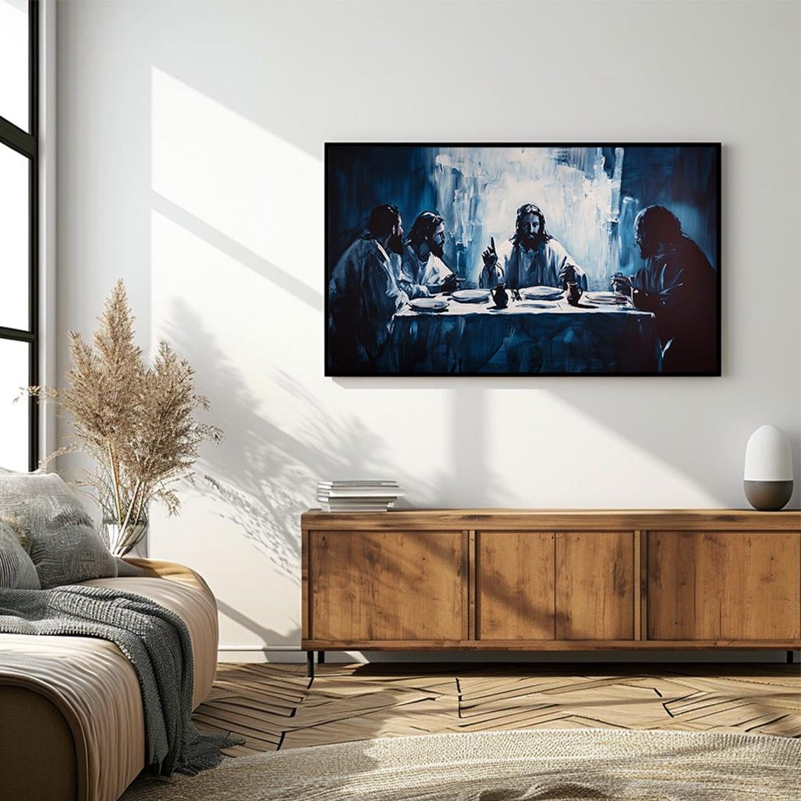 Last Supper Jesus Disciples Table Blue Expressionist Art Poster - Image 4