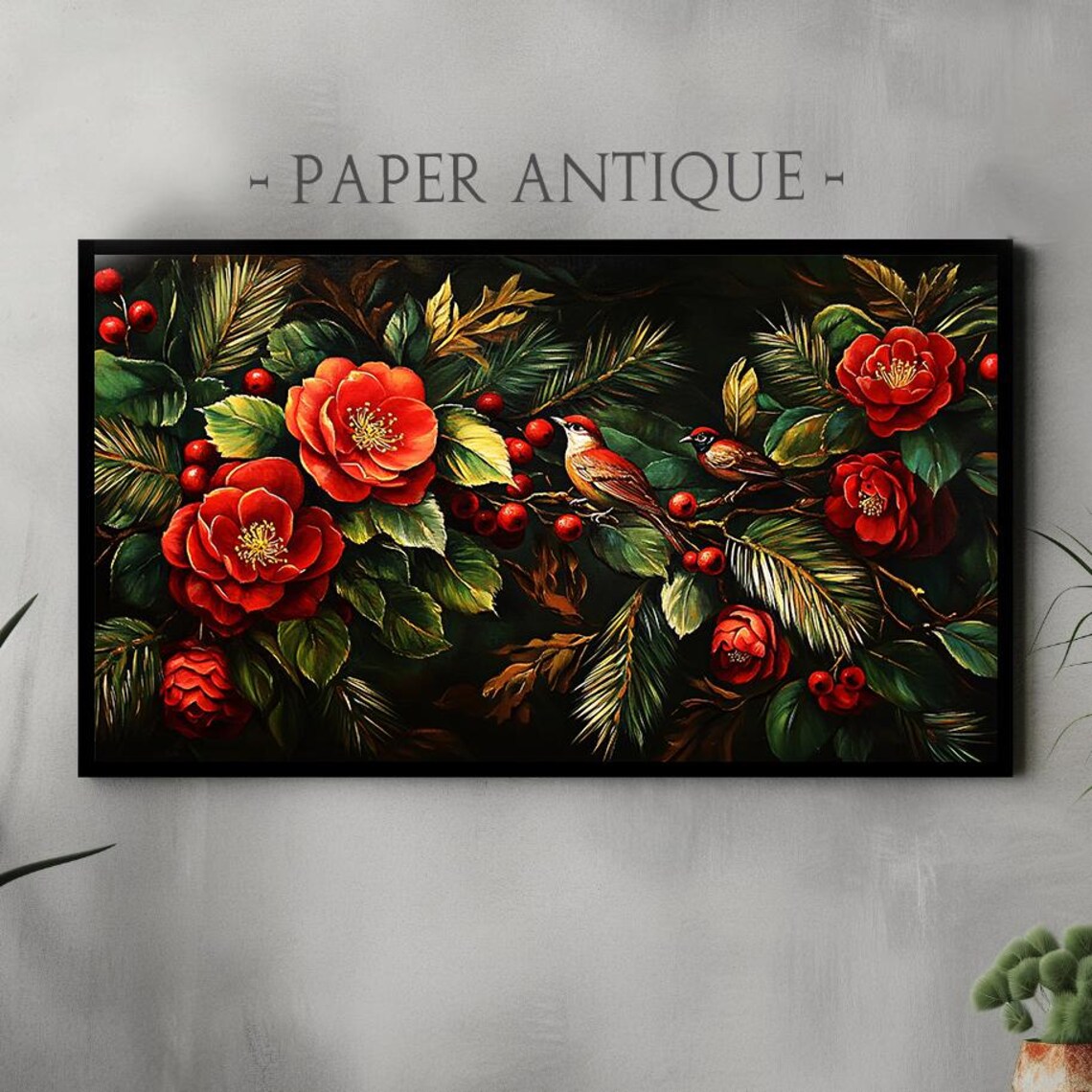 Red Camellias With Songbirds Moody Floral Panorama Painting Poster