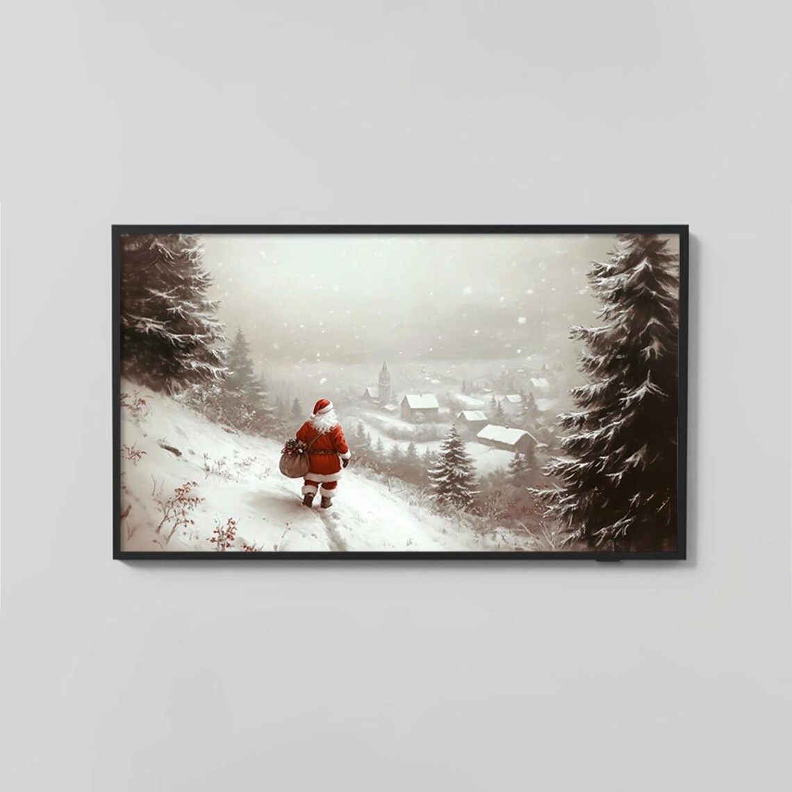 Santa Walking Toward Snowy Village Church Winter Landscape Poster - Image 2