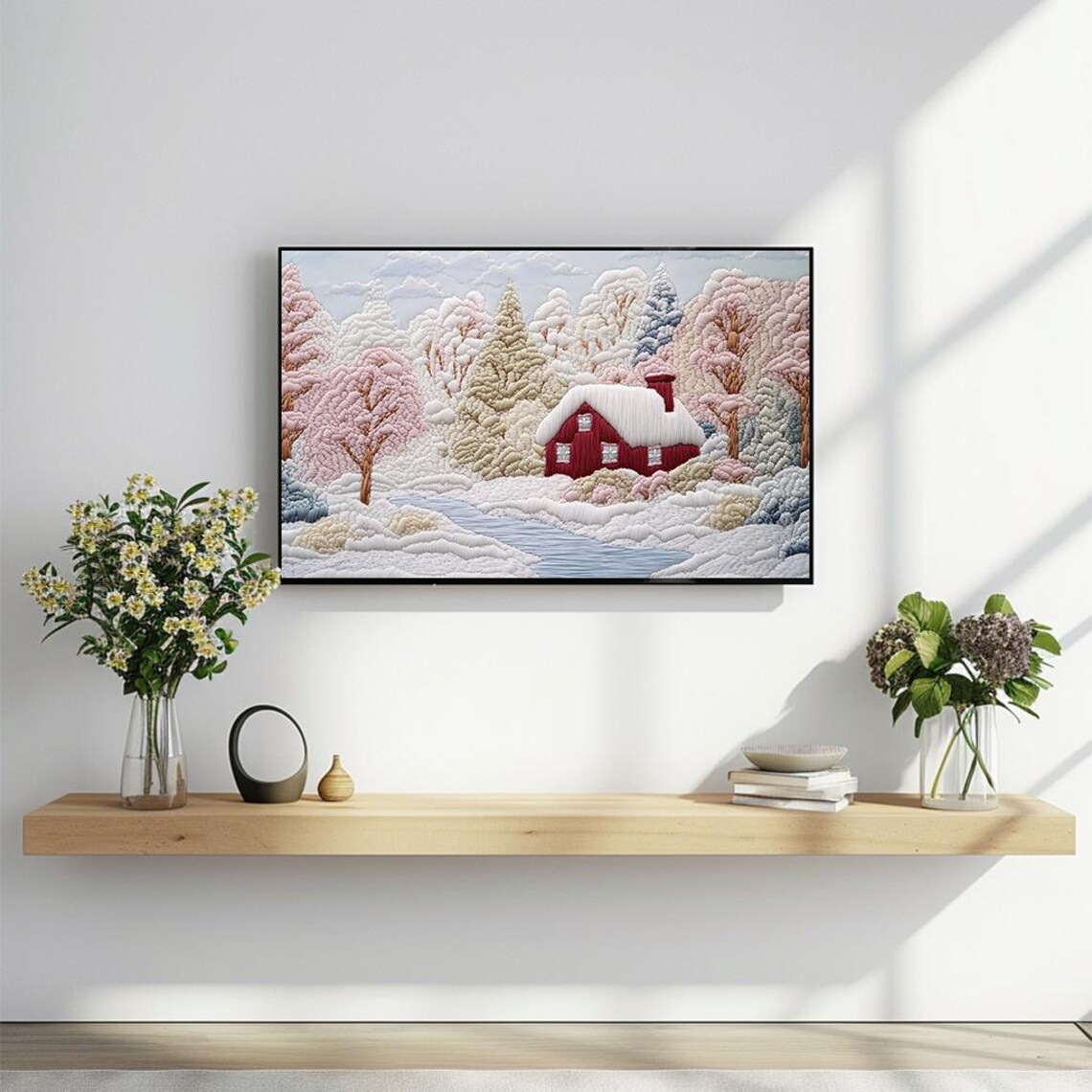 Cozy Winter Cabin Embroidery Style Scenic Snowy Landscape Poster - Image 2