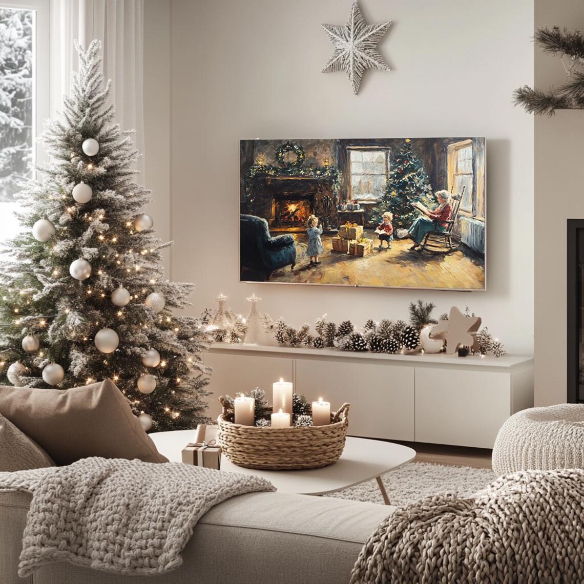 Family Around Fireplace With Christmas Tree Cozy Holiday Scene Poster - Image 5
