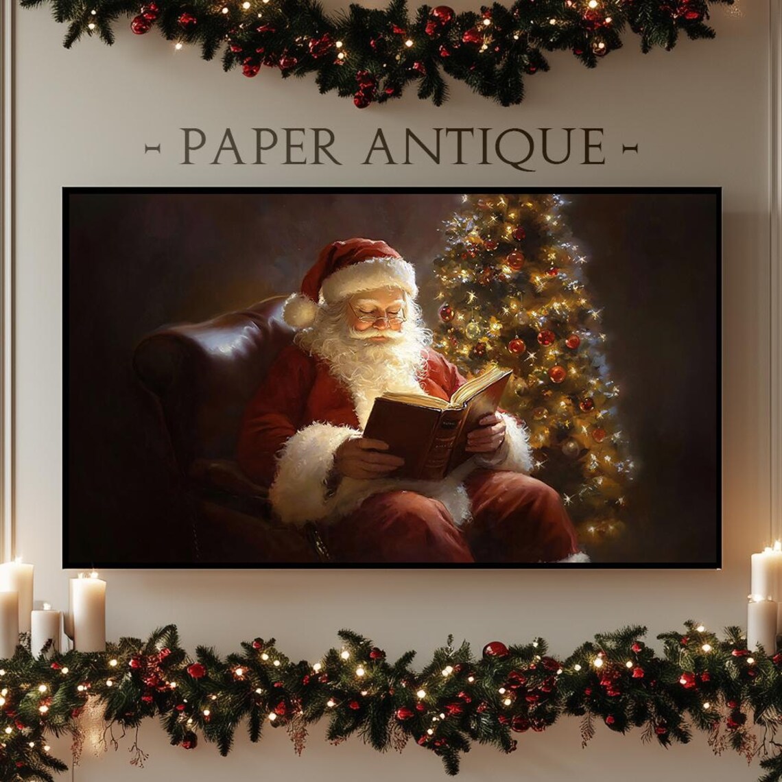 Santa Claus Reading By Christmas Tree In Leather Chair Holiday Poster