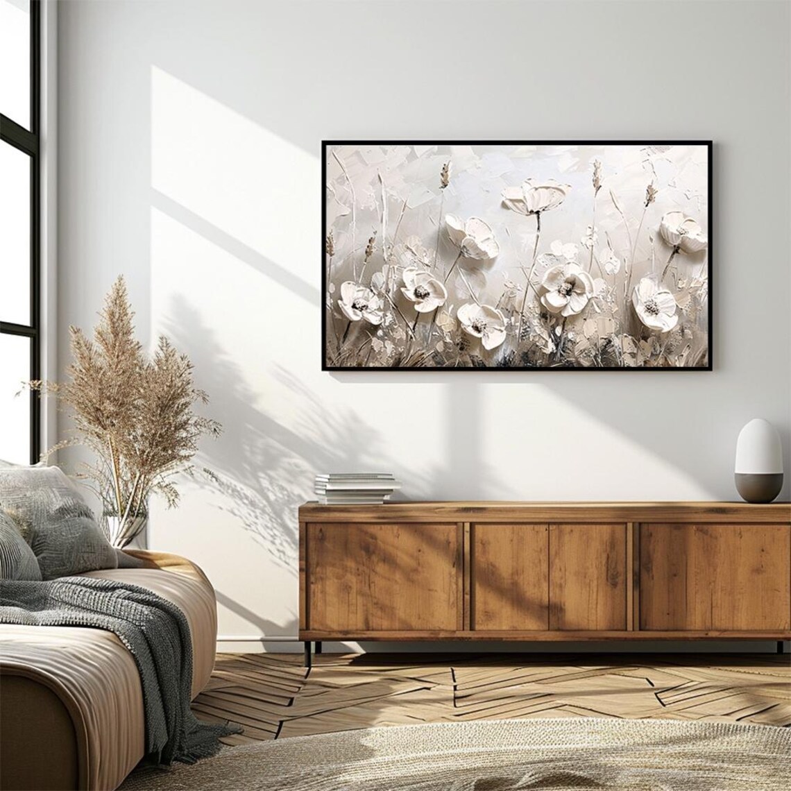 White Poppies Impasto Neutral Floral Oil Painting Minimalist Poster - Image 4