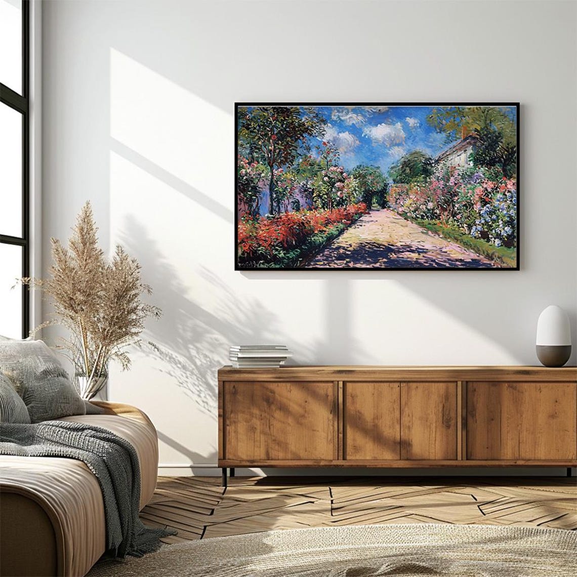 Impressionist Flower Garden Path under Bright Blue Sky Poster - Image 4
