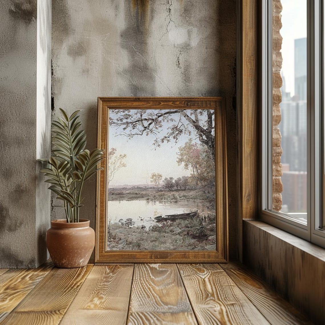 Serene Lakeside With Rowboat Rustic Watercolor Landscape Poster - Image 3