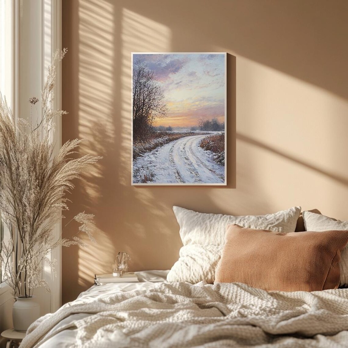Snowy Country Road Winter Sunset Golden Sky Landscape Poster - Image 2