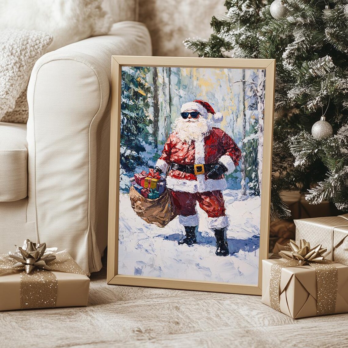 Cool Santa Claus with Sunglasses Holding Gift Sack Oil Painting Poster - Image 5