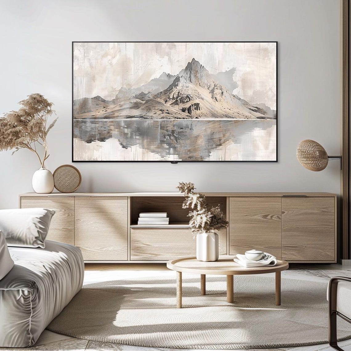 Neutral Beige Mountain Reflection Calm Water Minimalist Poster - Image 5