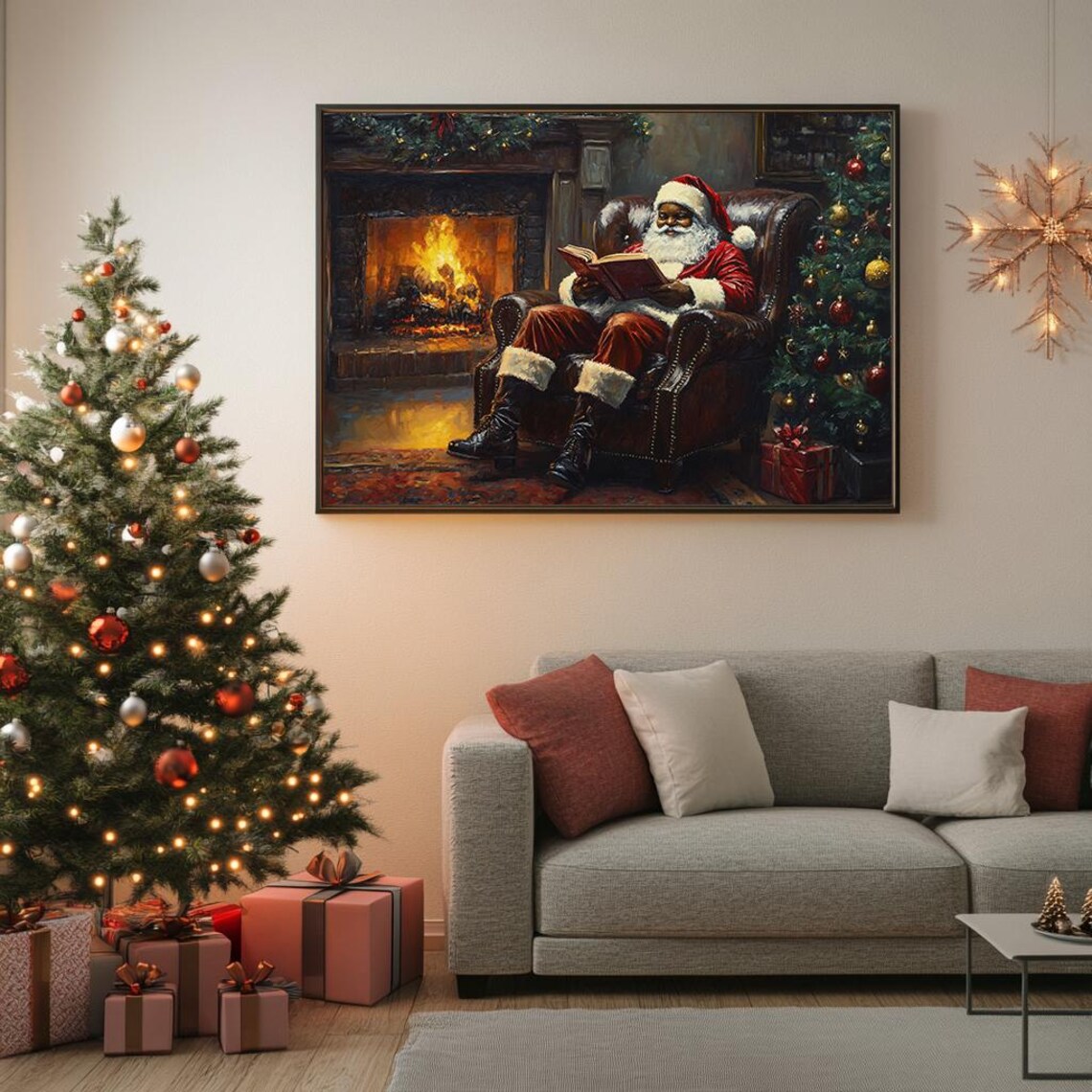 Black Santa Claus Reading by the Fireplace Cozy Christmas Night Poster - Image 5