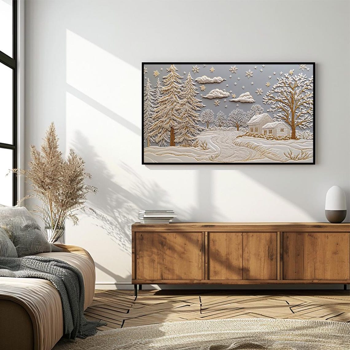 Embossed Winter Village Trees And Snow Gold Ivory Relief Art Poster - Image 4