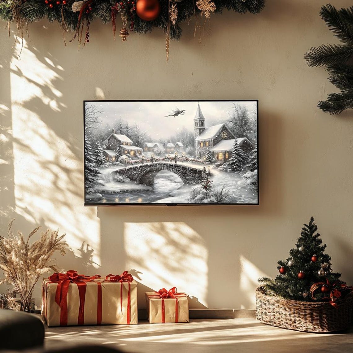 Enchanted Winter Village Stone Bridge Church Snow Scene Poster - Image 3
