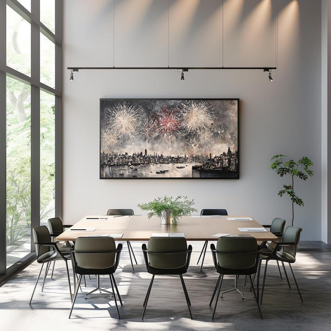 Dramatic Fireworks Over City Skyline Night Celebration Art Poster - Image 3