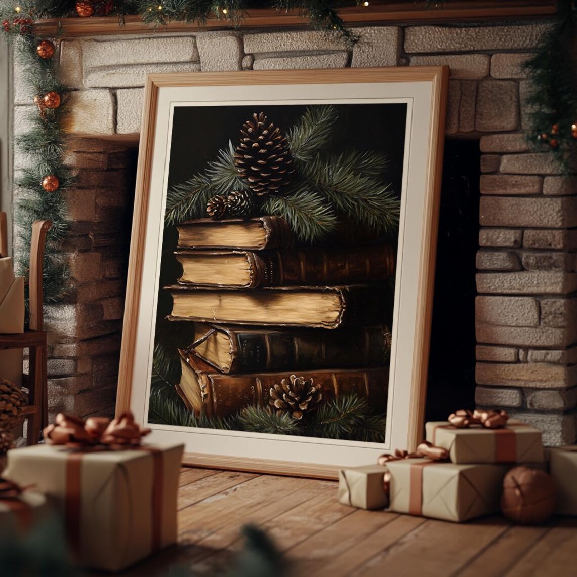 Stacked Vintage Books With Pinecones Rustic Holiday Painting Poster - Image 3