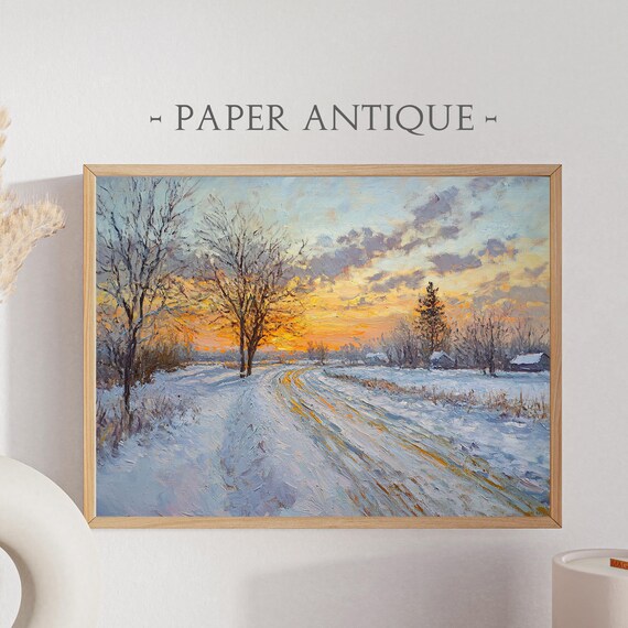 Winter Sunset Snow Road Golden Light Impressionist Painting Poster