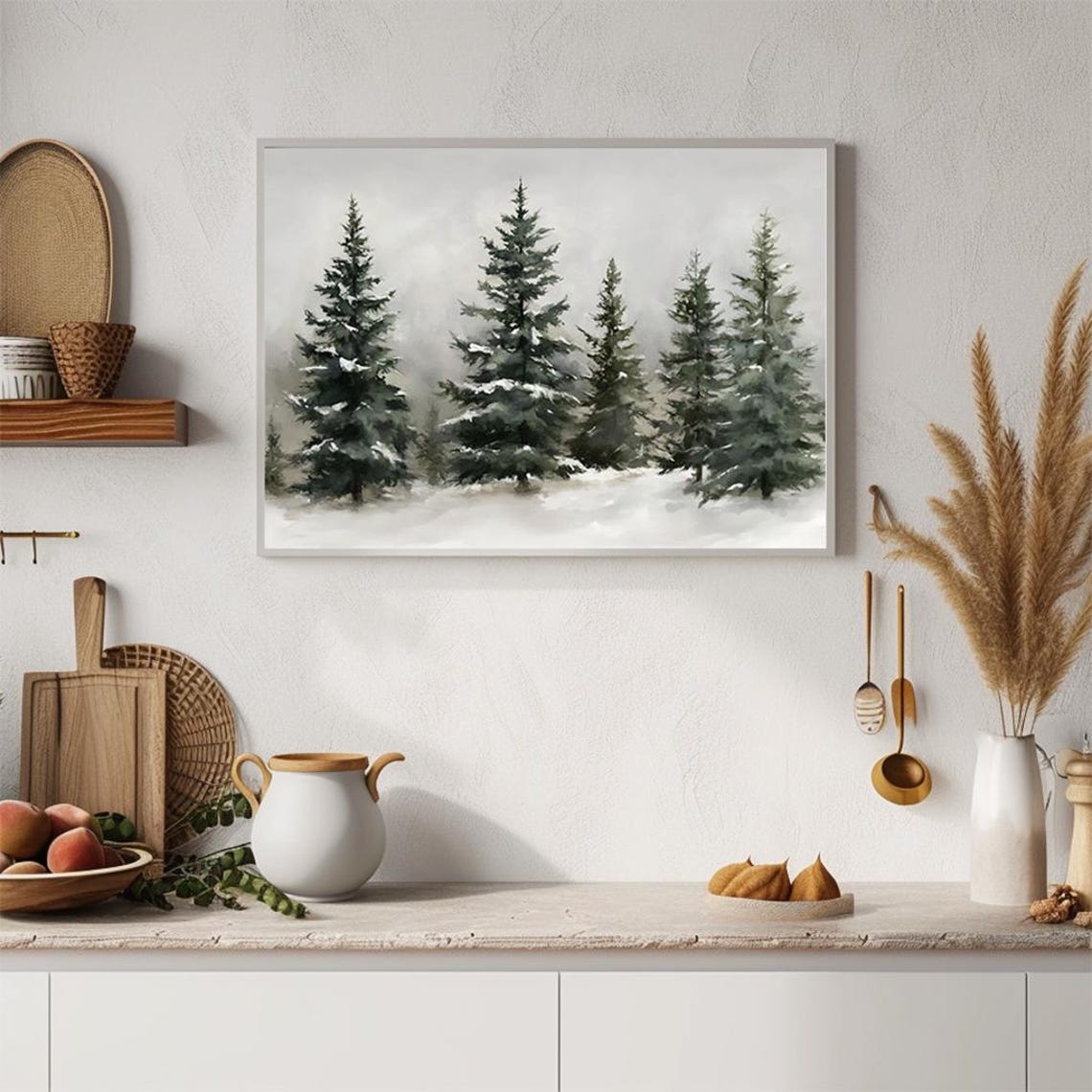 Snow Covered Evergreens Minimalist Winter Forest Watercolor Poster - Image 2