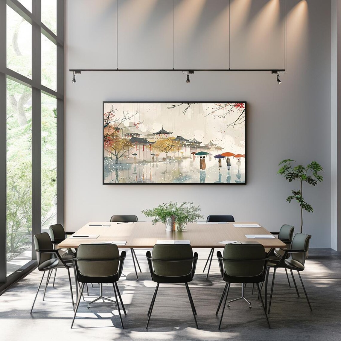 Traditional Asian Rainy Landscape Pagodas Umbrellas Watercolor Poster - Image 3