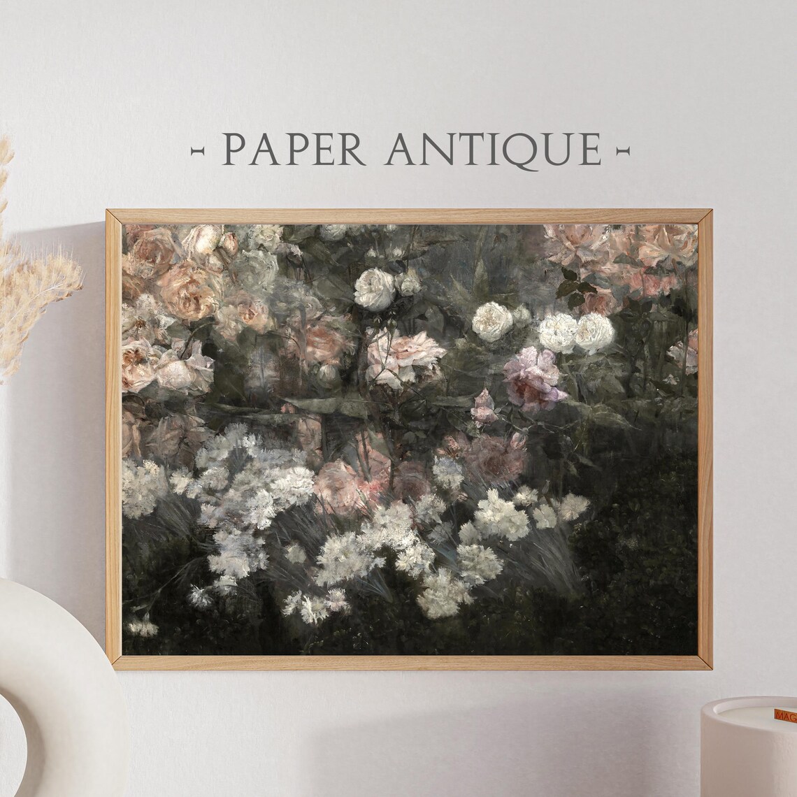 Rose Garden White Flowers Dark Moody Floral Vintage Painting Poster