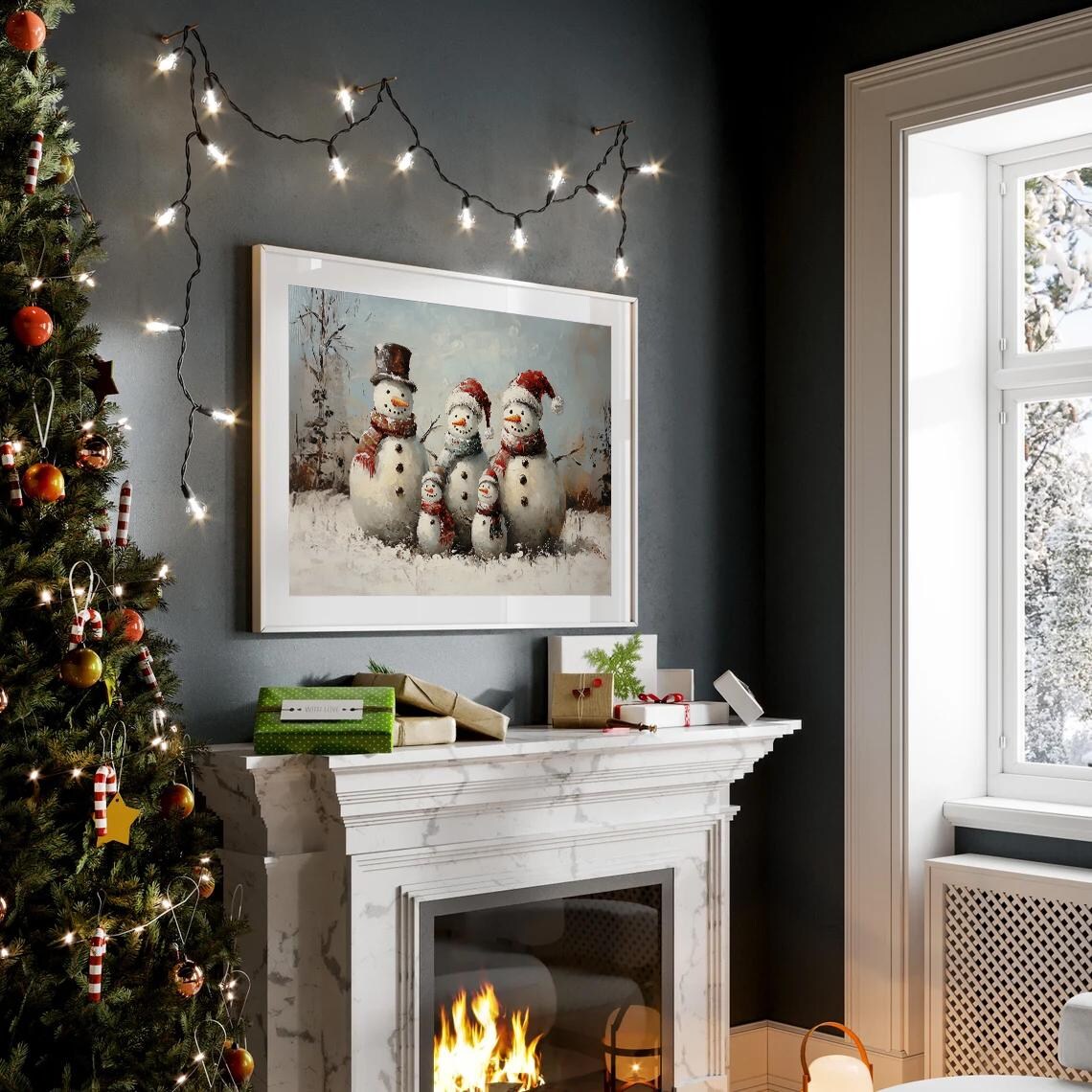 Vintage Snowman Family Five Snowy Winter Painting Cute Poster - Image 2