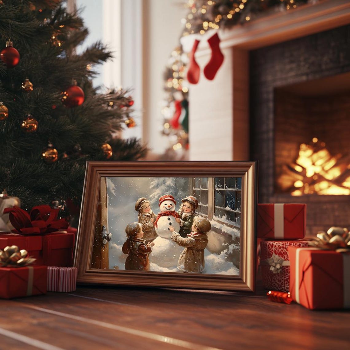 Vintage Christmas Scene Children Building Snowman Cozy Poster - Image 3