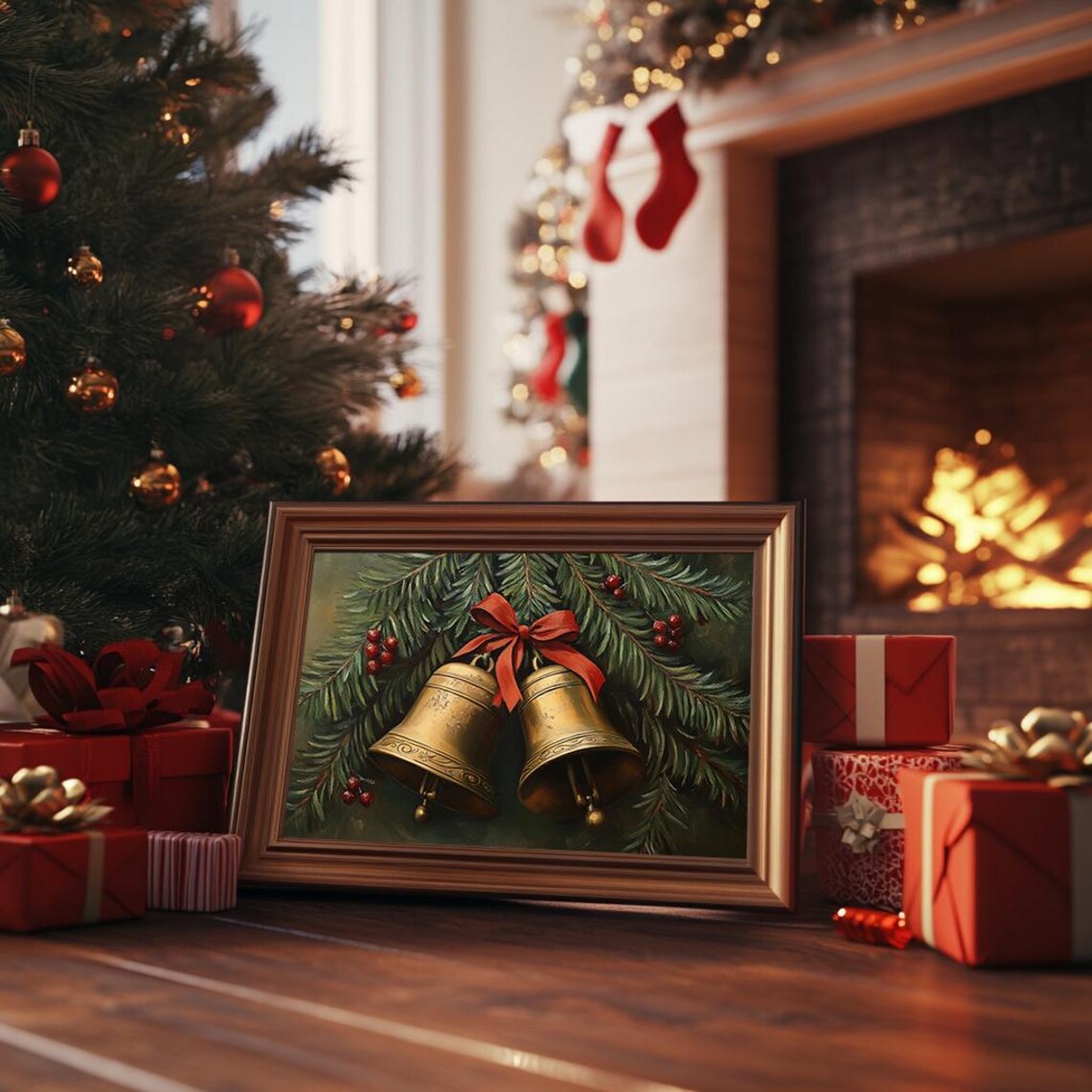 Vintage Christmas Bells Evergreen Berries Red Bow Holiday Poster - Image 3