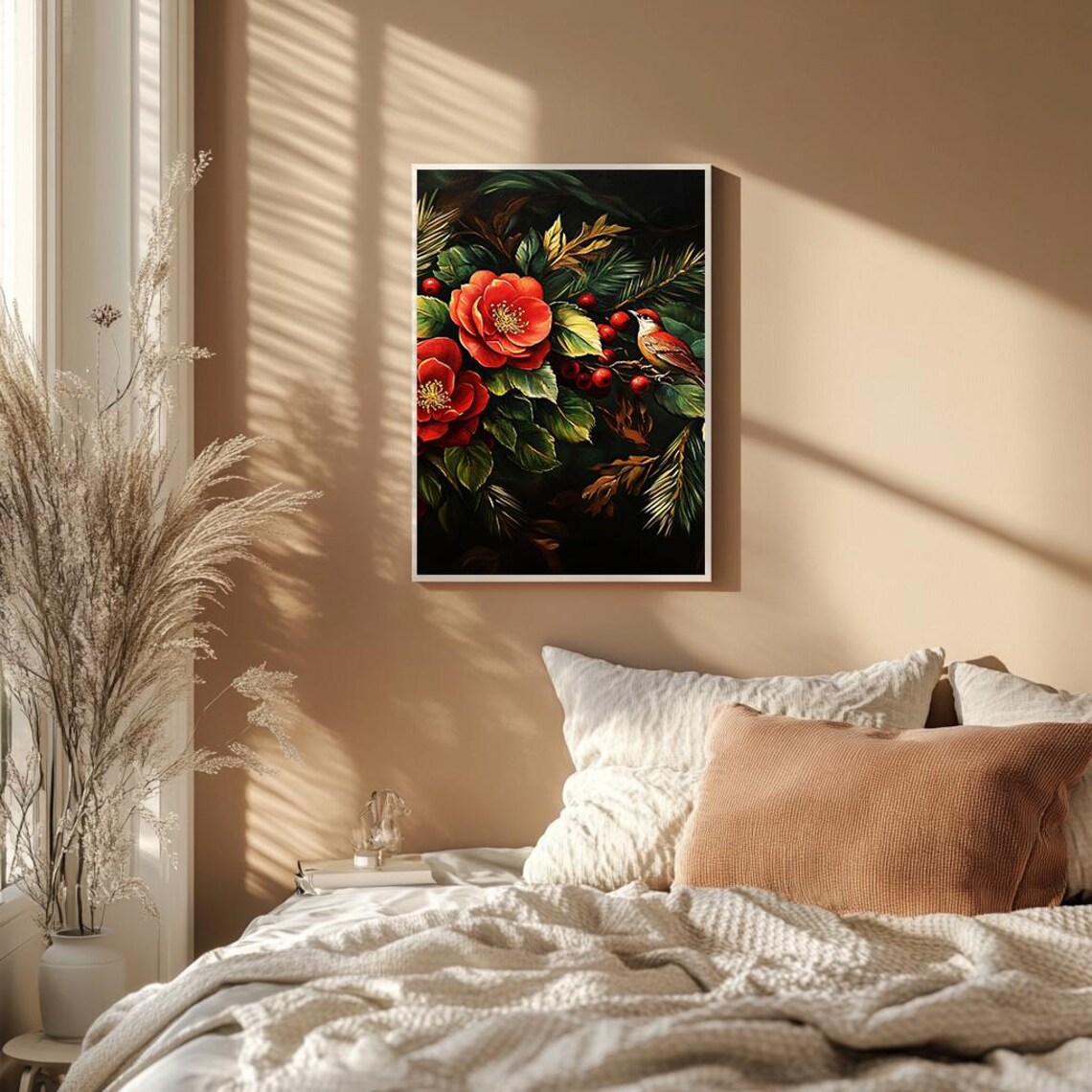 Red Camellias And Berries With Bird Moody Floral Oil Painting Poster - Image 2