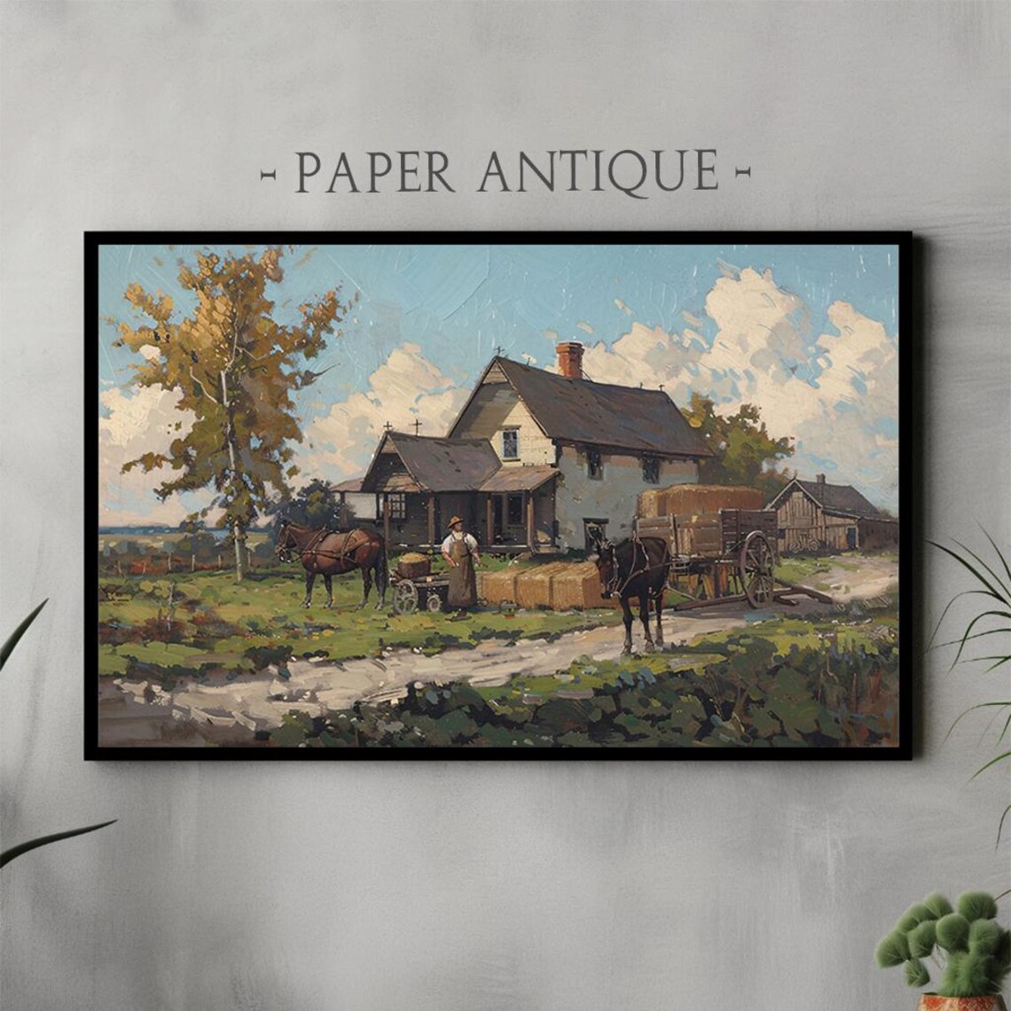 Vintage Farmhouse Horse Wagon Harvest Day Rustic Oil Painting Poster