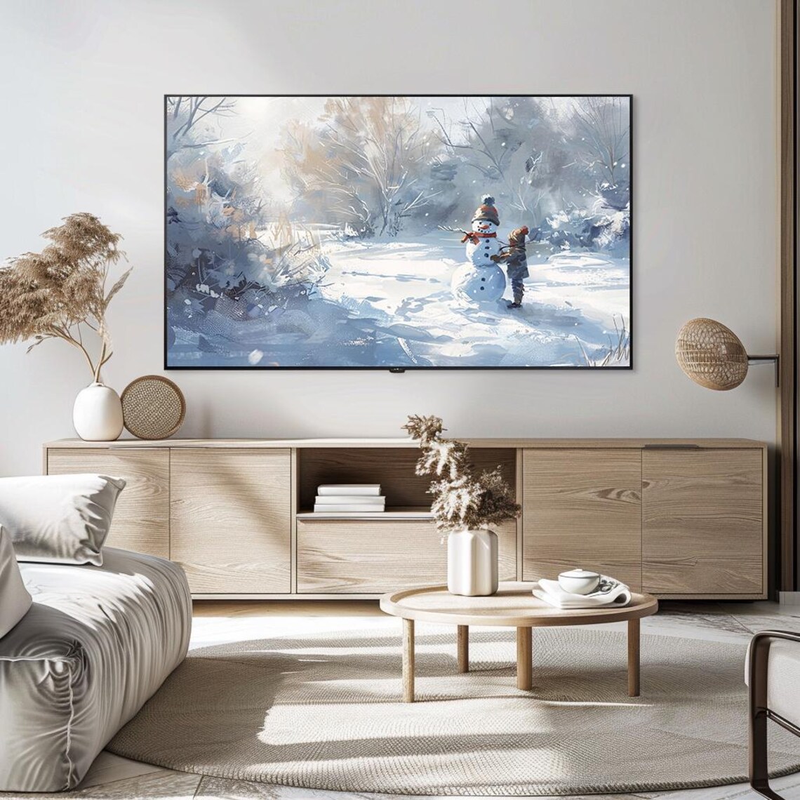 Child Building Snowman in Winter Wonderland Watercolor Poster - Image 5
