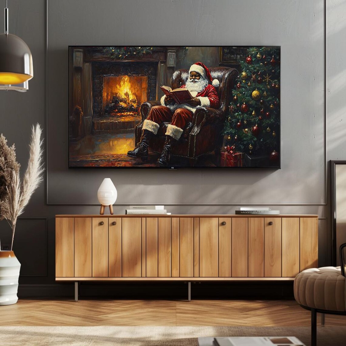 Santa Relaxing by Fireplace Cozy Christmas Oil Painting Poster - Image 4