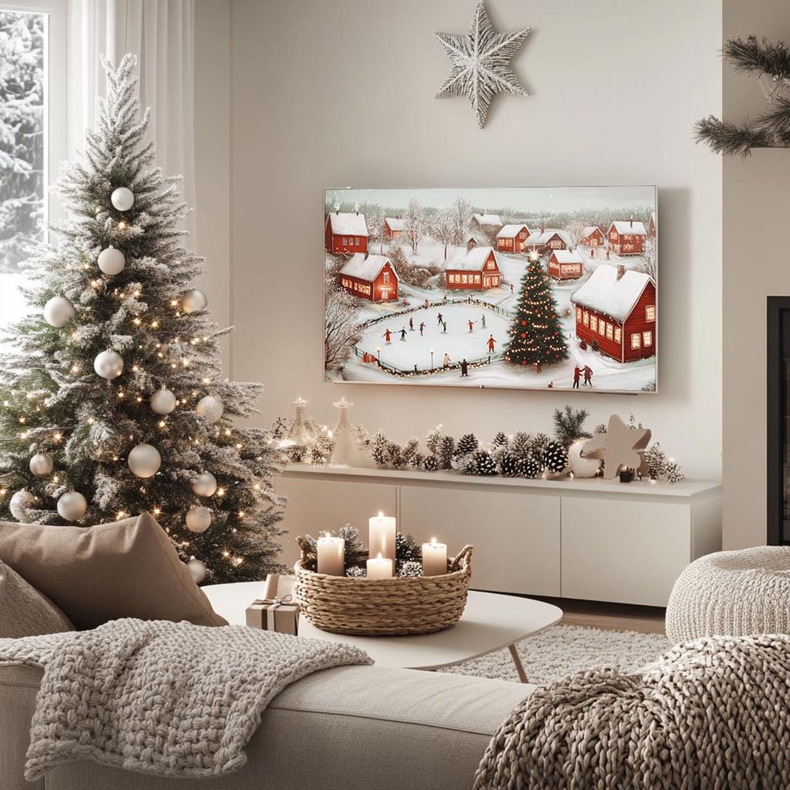 Winter Village Ice Skating Pond Red Houses Festive Christmas Poster - Image 5