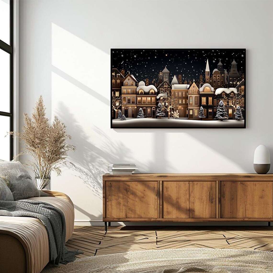 Festive Snowy Christmas Village Night Scene Warm Lights Poster - Image 4