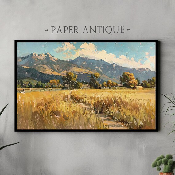 Art For Frame Tv Mountain Valley Landscape Painting Golden Fields And Blue Sky Rustic Nature Wall Art For Frame Tv Instant