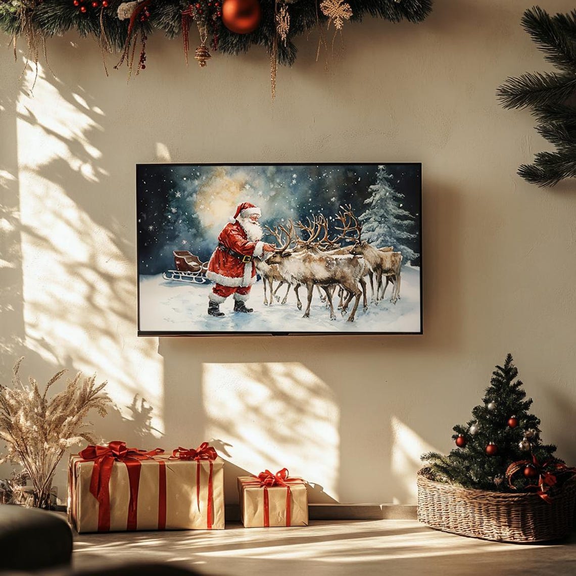 Santa with Reindeer and Sleigh Magical Winter Night Watercolor Poster - Image 3