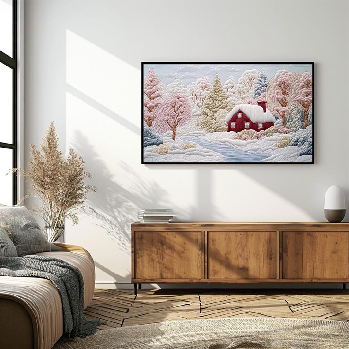 Cozy Winter Cabin Embroidery Style Scenic Snowy Landscape Poster - Image 4