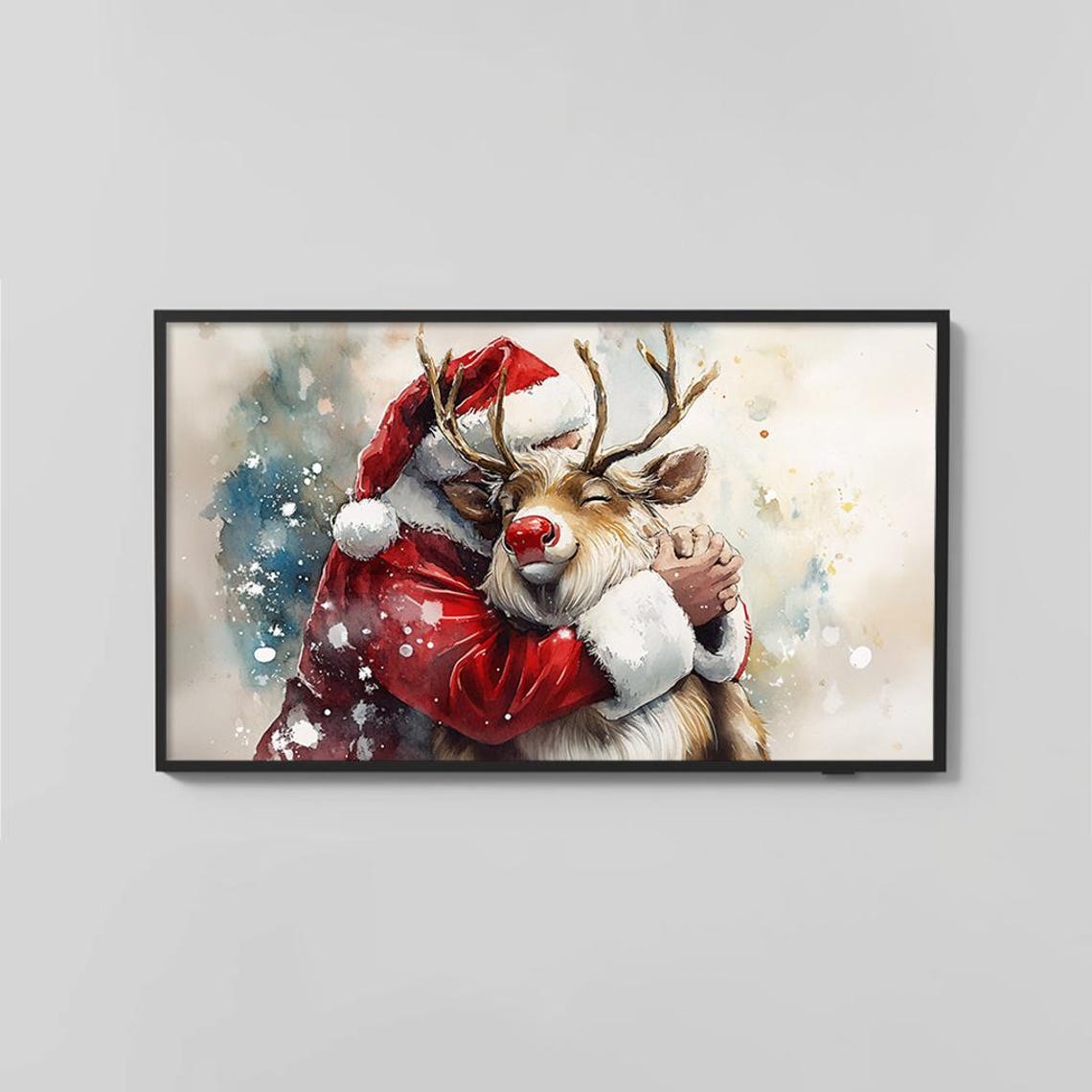 Heartwarming Santa Hugging Reindeer Watercolor Christmas Poster - Image 2