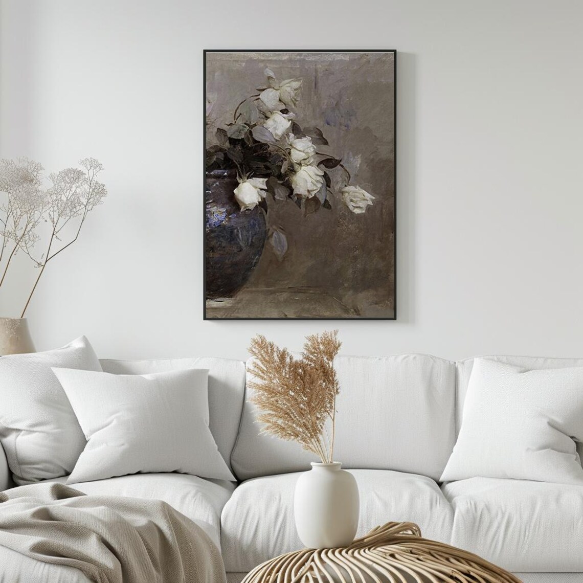 White Roses In Dark Vase Elegant Floral Still Life Painting Poster - Image 5
