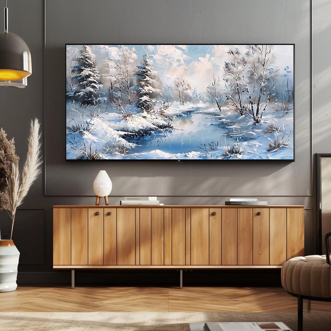 Frozen Blue River among Snowy Trees Winter Impasto Art Poster - Image 2