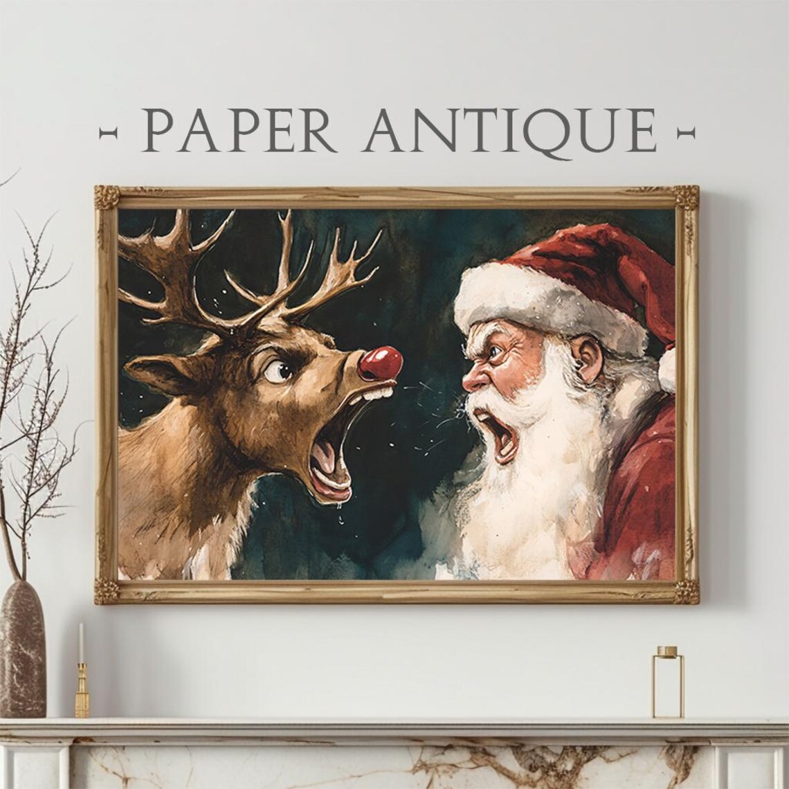 Santa And Reindeer Funny Argument Watercolor Christmas Humor Poster