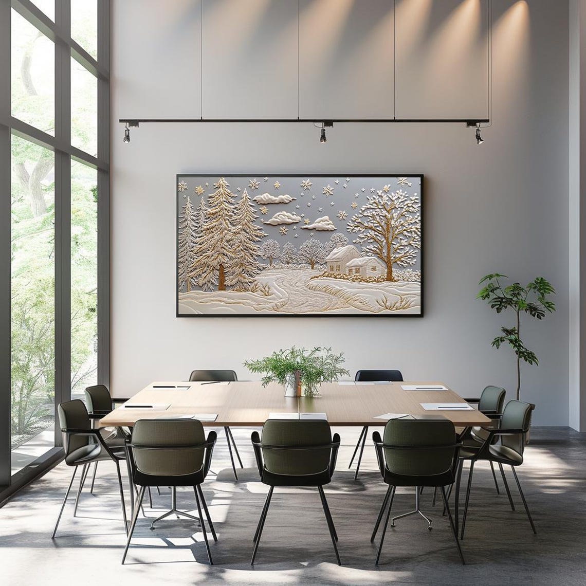 Embossed Winter Village Trees And Snow Gold Ivory Relief Art Poster - Image 3