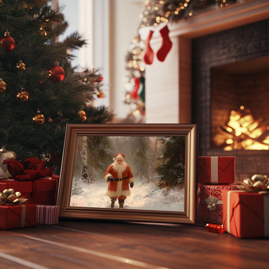Santa Claus Walking in Snowy Forest Vintage Oil Painting Poster - Image 3
